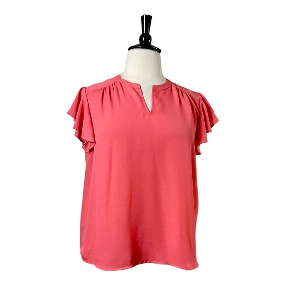 Investments Petite Popover Top Flutter Sleeve Split Neck Coral Pink Women’s XLP - Picture 1 of 14